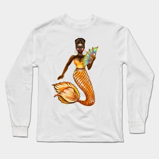 mermaid with gold scales and fan, tiara, necklace,brown eyes curly Afro hair and dark brown skin. Black mermaid Long Sleeve T-Shirt